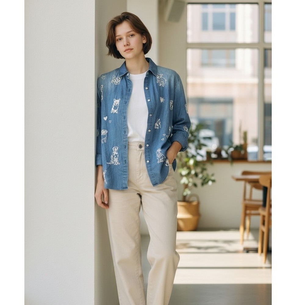 Johnny Was Workshop SZ Med Tippi Denim Dog Embroidery Button Down Shirt Relaxed